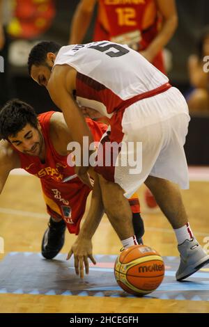 A Coruña, Spain. Ricky Rubio disputes the ball during the friendly basketball match between Spain and Canada at the Coliseum in A Coruña Stock Photo