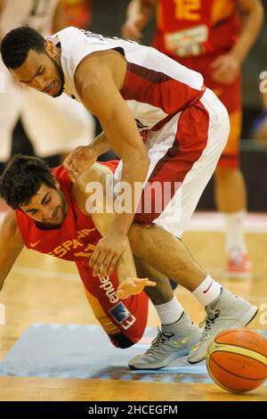 A Coruña, Spain. Ricky Rubio disputes the ball during the friendly basketball match between Spain and Canada at the Coliseum in A Coruña Stock Photo