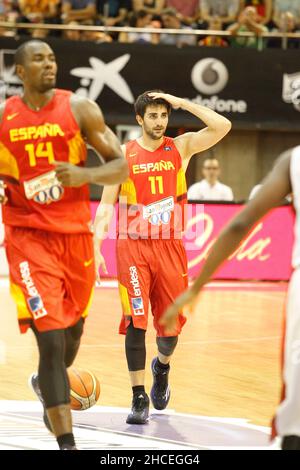 A Coruña, Spain. Ricky Rubio disputes the ball during the friendly basketball match between Spain and Canada at the Coliseum in A Coruña Stock Photo