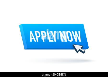 3d icon with blue apply now button on yellow background. 3d illustration. Pointer click. Red background. Cursor icon. Stock Vector