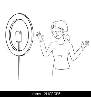 Sketch A cute woman records a video on a teolephone. Selfie ring. Stock vector illustration isolated on white background. Podcast, social media Stock Vector