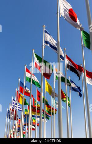 Many National Flags waving on the wind in Dubai: France,Gabon,Gambia,Georgia,Germany,Ghana,Greece,Grenada,Guinea,Guyana,Haiti,Honduras,Hungary,India Stock Photo