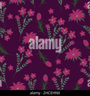 Seamless pattern with purple flowers, vector  background,  plants, botanical design for fashion, fabric, wallpaper Stock Vector