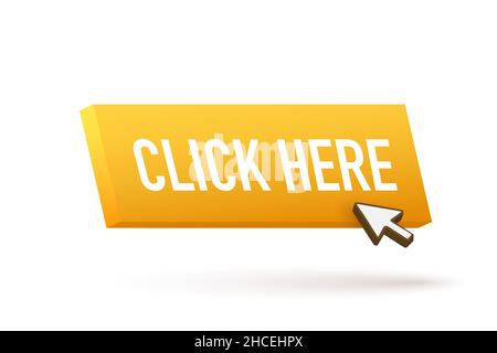 Yellow click here on white background. Digital download. Click here vector web button. Stock Vector