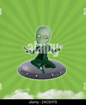 Green alien with human body sitting on small UFO in lotus position and meditates isolated on abstract background. Contemporary art collage. Stock Photo