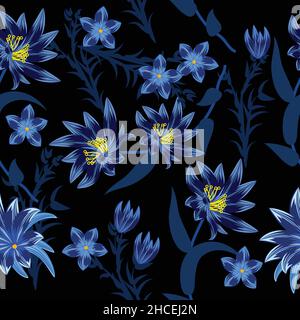 Seamless pattern with blue flowers on black background.  Floral decorative illustration vector, for print design Stock Vector