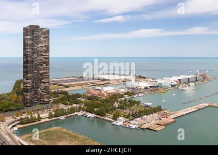 An aerial view of downtown Chicago's Navy Pier towards Lake Michigan. Stock Photo