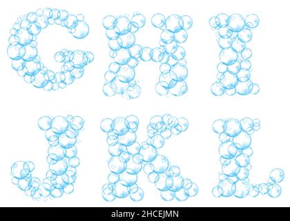 Alphabet of soap bubbles. Water suds letters g, h, i, j, k, l. Realistic vector font isolated on white background Stock Vector