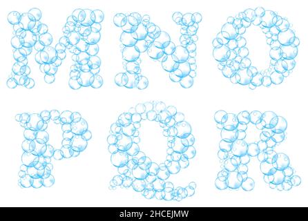 Alphabet of soap bubbles. Water suds letters m, n, o, p, q, r. Realistic vector font isolated on white background Stock Vector