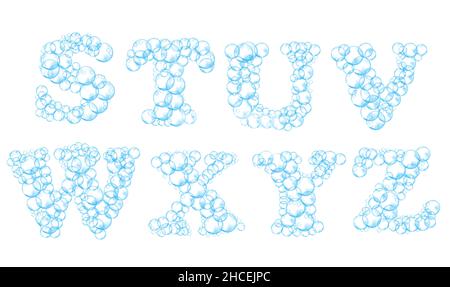 Alphabet of soap bubbles. Water suds letters s, t, u, v, w, x, y, z. Realistic vector font isolated on white background Stock Vector
