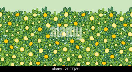 Vector green tightly arranged fun daisy flowers horizontal border pattern with yellow polkodot center. Suitable for posters and invitation cards. Stock Vector