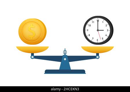 Time is money on scales icon. Money and time balance on scale. Vector stock illustration. Stock Vector