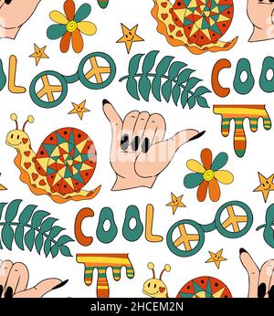 Retro Shaka Hand Gesture 70s Seamless Pattern. Hippie repeating texture, background. Vector illustration Stock Vector