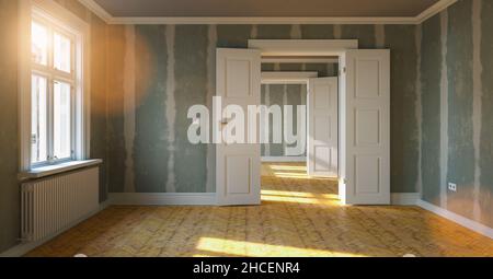Room in renovation in elegant apartment for relocation with Flattened drywall walls Stock Photo