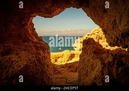 Algar Seco cave window Carvoeiro Coastline Portugal Stock Photo