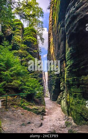 Hiking trail along and among the Prachov Rocks (Prachovske Skaly), Bohemian Paradise (Cesky Raj), Kralovehradecky kraj, Czech Republic. Stock Photo
