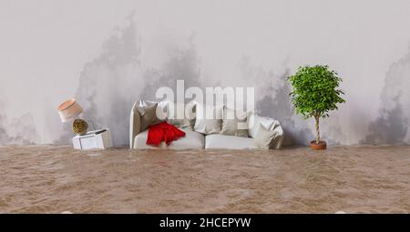 Water damage in house after flooding with stains on the wall Stock Photo
