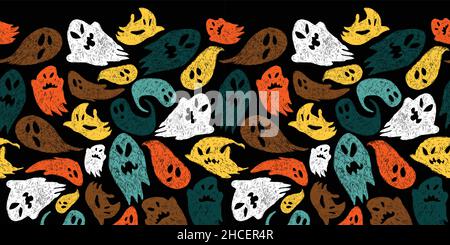 Vector black colourful cute sketch of cartoon ghosts horizontal border pattern. Background for halloween posters, greeting cards, invitations, web Stock Vector