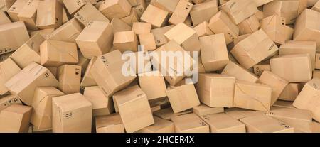 Pile of brown cardboard boxes background header, logistics and delivery concept image Stock Photo