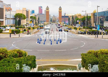 Panoramic view from the steps of the National Palace of Montjuic in Av. Reina Cristina, Barcelona, Catalonia, Spain Stock Photo