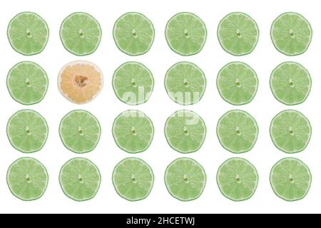 Rows of lime fruit slices and only one pomelo slice isolated on a white background Stock Photo