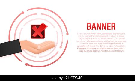 Cross mark hanging over hands. Red rejected sticker on white background. Vector stock illustration. Stock Vector