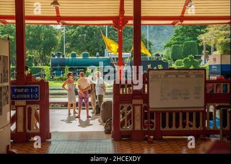 The iconic Hua Hin Railway Station. Hua Hin is an old fishing village that became one of the first and most popular travel destinations in Thailand. Stock Photo