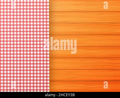 Red corner tablecloth on white wood table. Vector stock illustration. Stock Vector