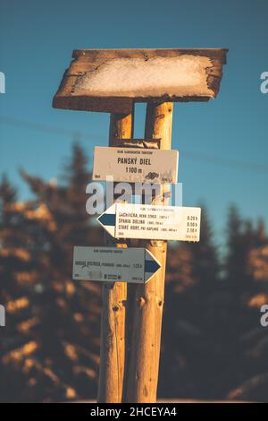 Close-up shot of sings showing directions hanging on two wooden poles Stock Photo