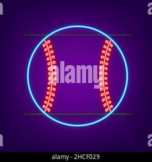 Baseball ball stitches, red lace seam isolated on background. Neon icon. Stock Vector