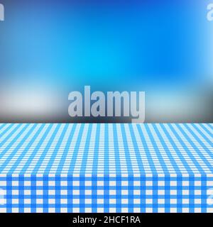 Blue corner tablecloth on white wood table. Vector stock illustration. Stock Vector