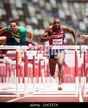 Grant Holloway  participating in the 110 meter hurdles at the 2020 Tokyo Olympics. Stock Photo