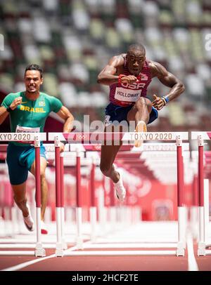 Grant Holloway  participating in the 110 meter hurdles at the 2020 Tokyo Olympics. Stock Photo