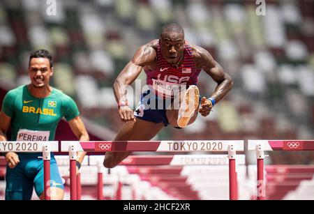 Grant Holloway  participating in the 110 meter hurdles at the 2020 Tokyo Olympics. Stock Photo