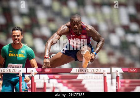 Grant Holloway  participating in the 110 meter hurdles at the 2020 Tokyo Olympics. Stock Photo