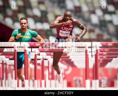 Grant Holloway  participating in the 110 meter hurdles at the 2020 Tokyo Olympics. Stock Photo