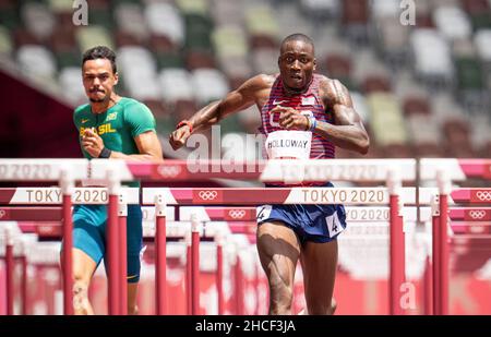 Grant Holloway  participating in the 110 meter hurdles at the 2020 Tokyo Olympics. Stock Photo