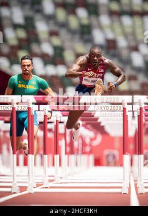 Grant Holloway  participating in the 110 meter hurdles at the 2020 Tokyo Olympics. Stock Photo