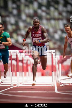 Grant Holloway  participating in the 110 meter hurdles at the 2020 Tokyo Olympics. Stock Photo