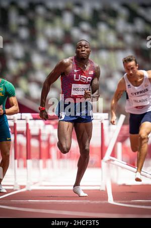 Grant Holloway  participating in the 110 meter hurdles at the 2020 Tokyo Olympics. Stock Photo