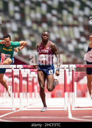 Grant Holloway  participating in the 110 meter hurdles at the 2020 Tokyo Olympics. Stock Photo