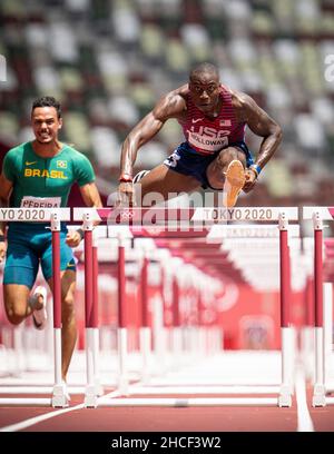 Grant Holloway  participating in the 110 meter hurdles at the 2020 Tokyo Olympics. Stock Photo