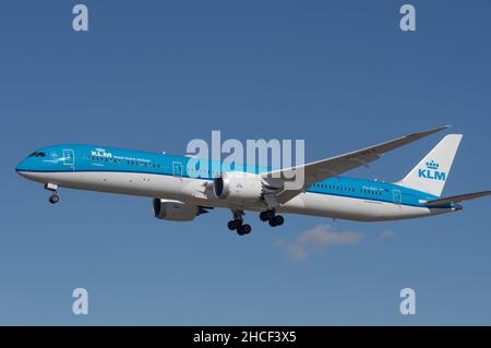 KLM Royal Dutch Airlines Boeing 787-10 Dreamliner with registration PH-BKF shown on final approach at LAX, Los Angeles International Airport. Stock Photo