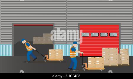 The work of the warehouse logistics complex. Loaders move pallets with boxes using hand pallet trucks. Storage equipment. Vector illustration. Stock Vector