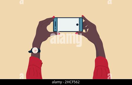 Female hand holding smartphone, empty screen, phone mockup, application on touch screen device. Vector illustration. Stock Vector