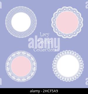 Set of Decorative lace Doilies. Openwork round frame on a pink background. Vintage Paper Cutout Design. Vector illustration Stock Vector