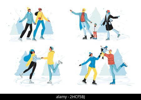 Happy people skating on outdoor ice rink vector set Stock Vector