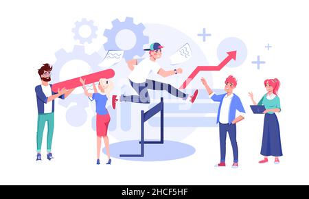Team leading to finish man overcoming obstacles Stock Vector