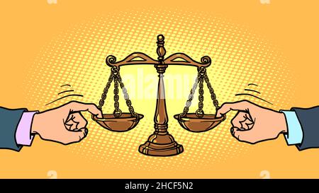 corrupt court concept. Politicians influence the judge. scales of justice, a symbol of judicial power and an honest decision, a weight meter Stock Vector