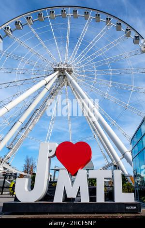 J'aime Montreal sign, I Love Montreal, sign, La Grande Roue de Montreal, Old Port, Vieux Montreal, Quebec, Canada Stock Photo